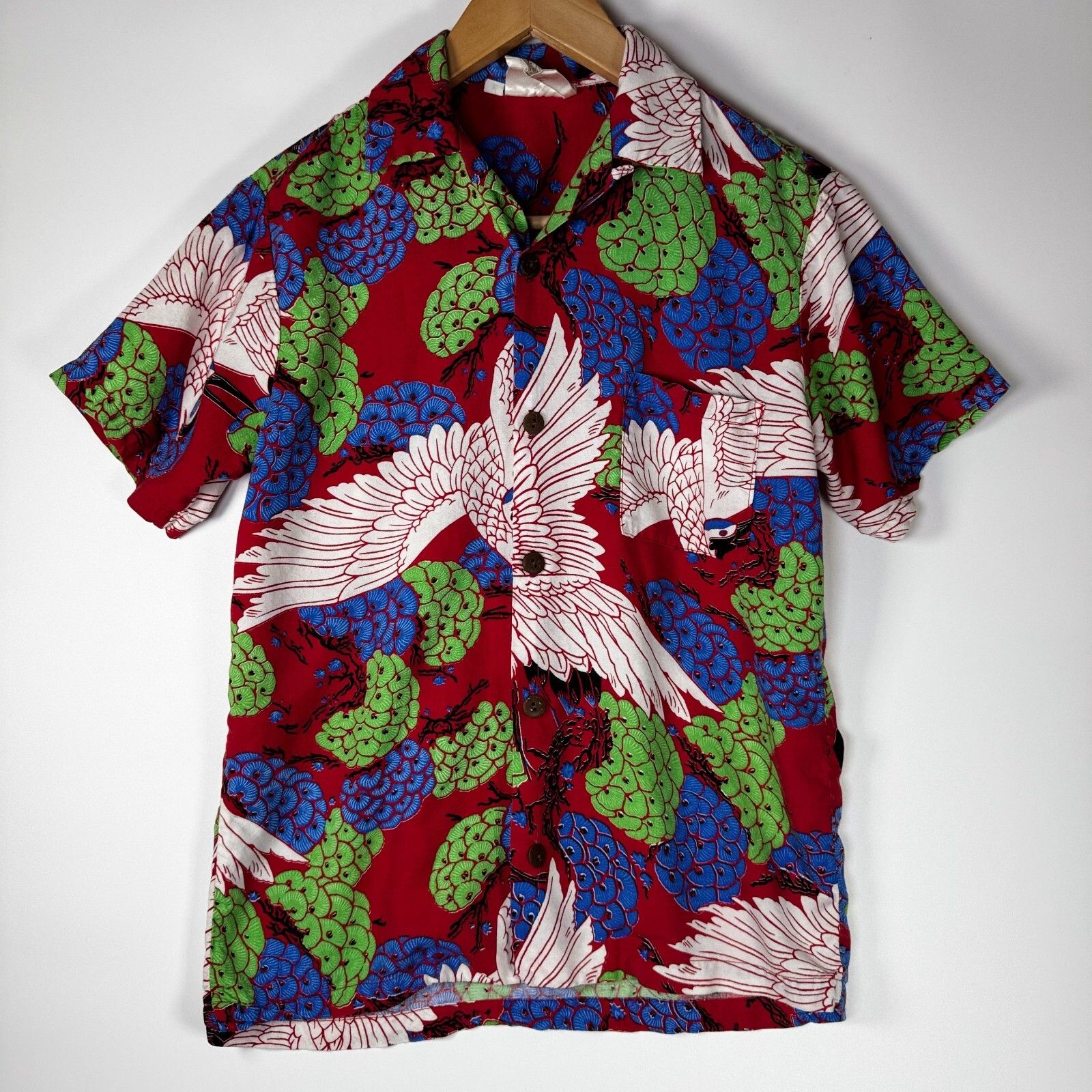 Vintage Hawaiian Hot Shirt Small Red Crane Bird Floral Aloha Button Up Usa Made